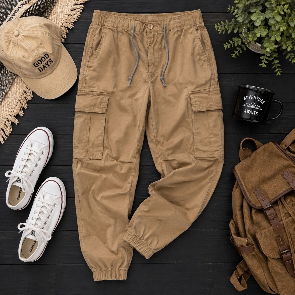 Free Assembly Cargo utility Jogger Pants Elastic Waist Drawstring Small Beige